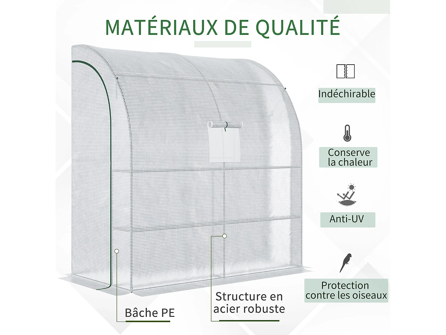 Serre de jardin adossée serre adossée dim. 2L x 1l x 2,13H m 4 étagères 2 portes zippées 1 fenêtre acier PE haute densité blanc