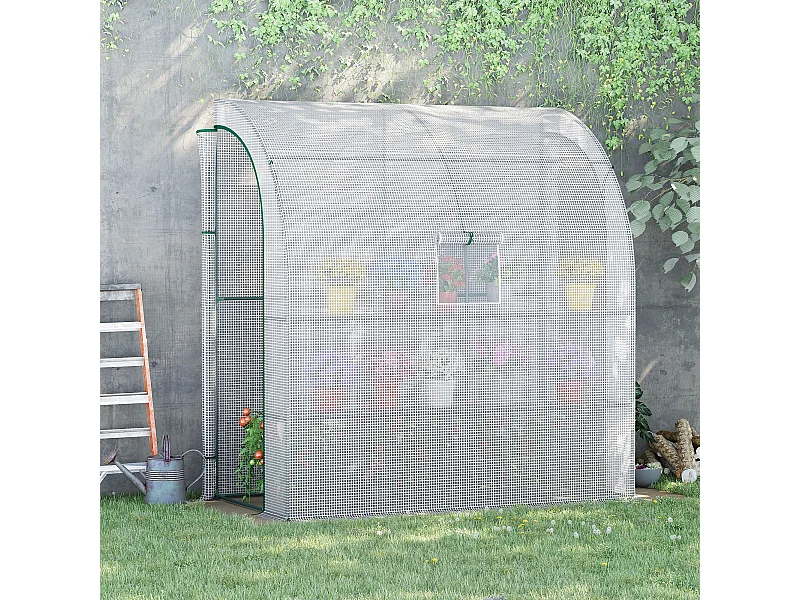 Serre de jardin adossée serre adossée dim. 2L x 1l x 2,13H m 4 étagères 2 portes zippées 1 fenêtre acier PE haute densité blanc