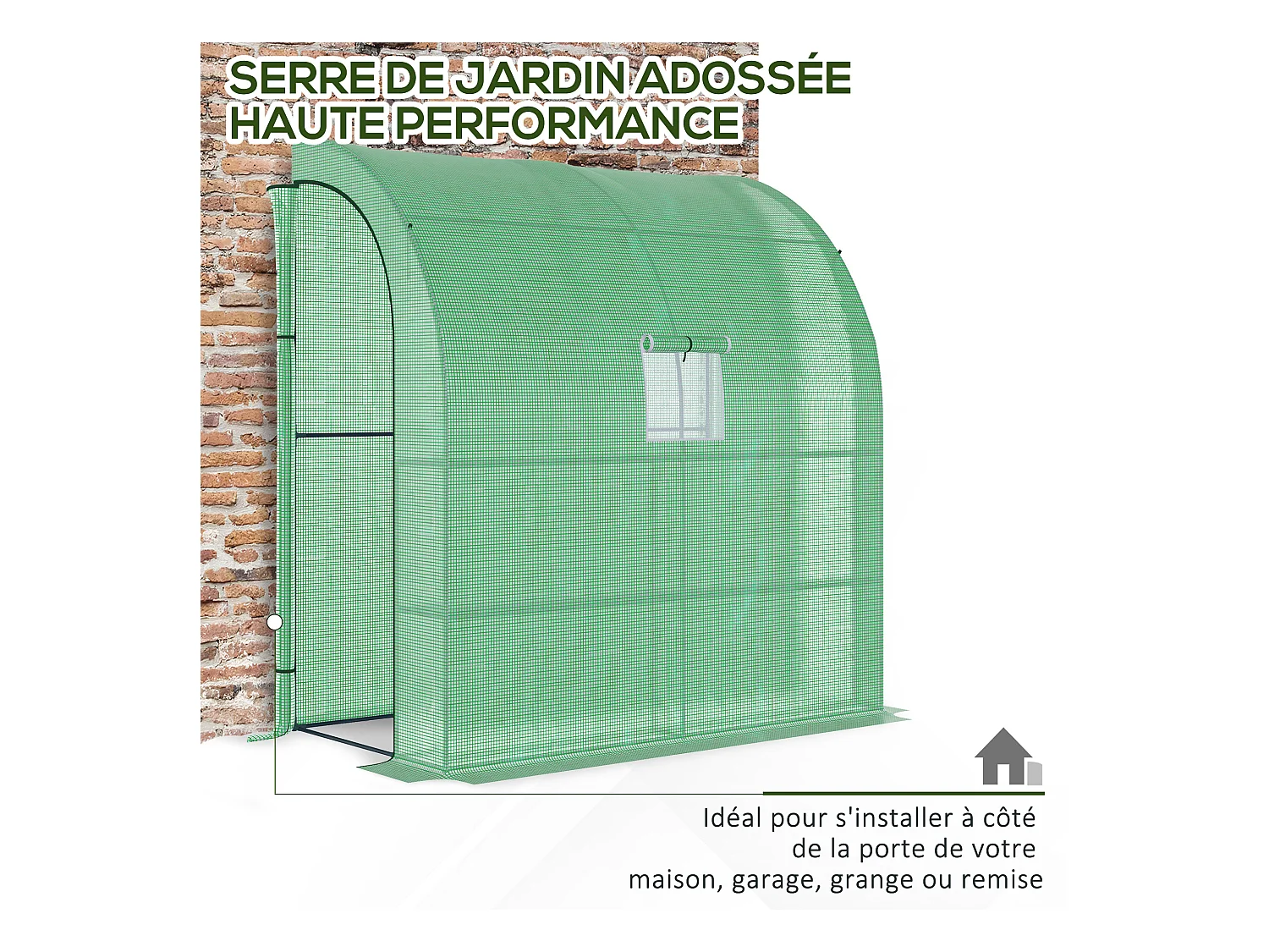Serre de jardin adossée serre adossée dim. 2L x 1l x 2,13H m 4 étagères 2 portes zippées 1 fenêtre acier PE haute densité vert