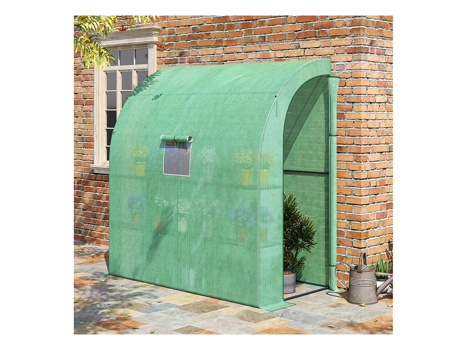 Serre de jardin adossée serre adossée dim. 2L x 1l x 2,13H m 4 étagères 2 portes zippées 1 fenêtre acier PE haute densité vert