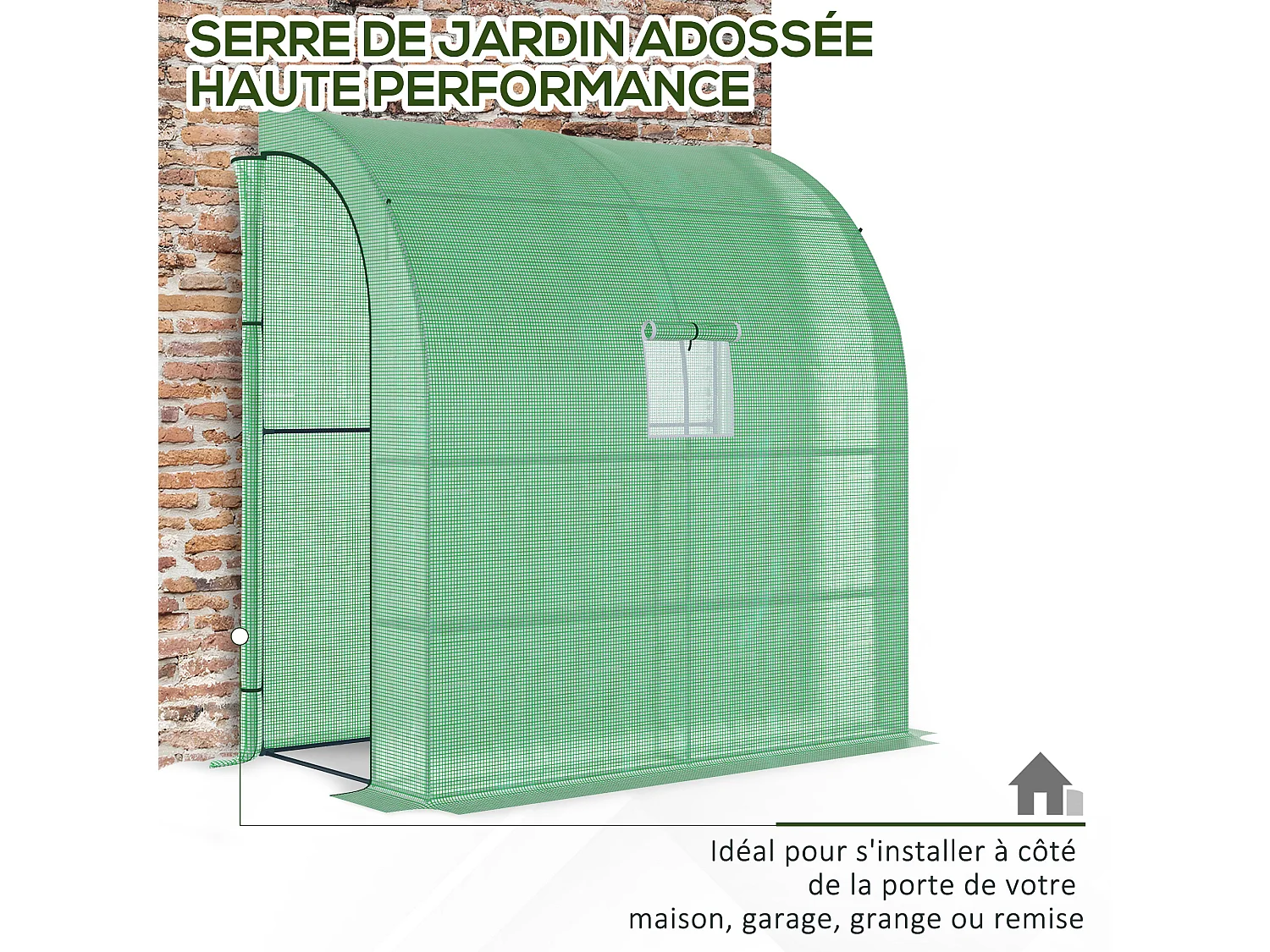 Serre de jardin adossée serre adossée dim. 2L x 1l x 2,13H m 4 étagères 2 portes zippées 1 fenêtre acier PE haute densité vert