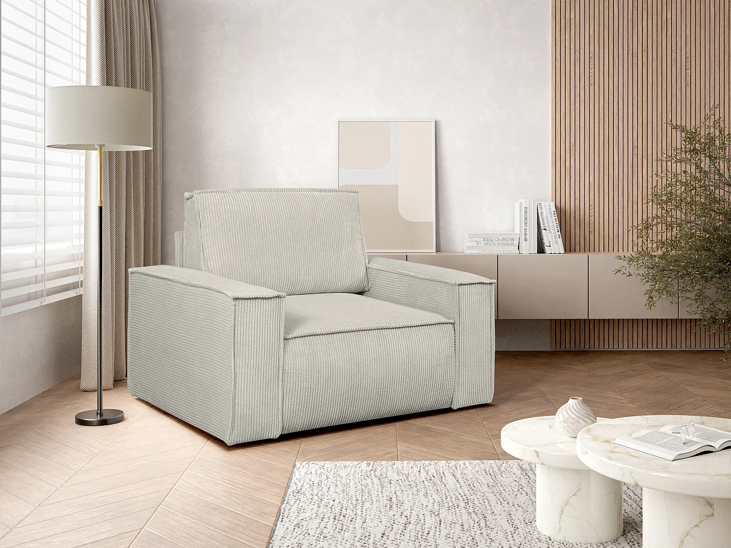 Fauteuil en velours côtelé beige AMELIA