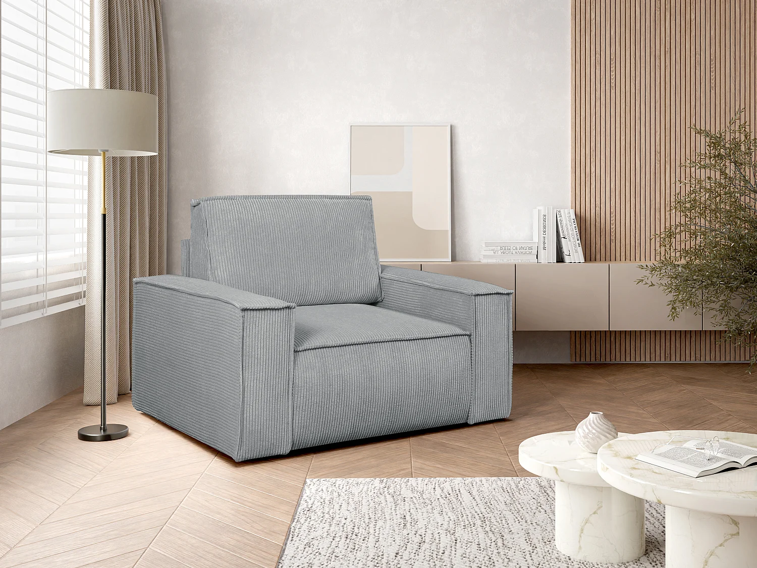 Fauteuil en velours côtelé gris clair AMELIA