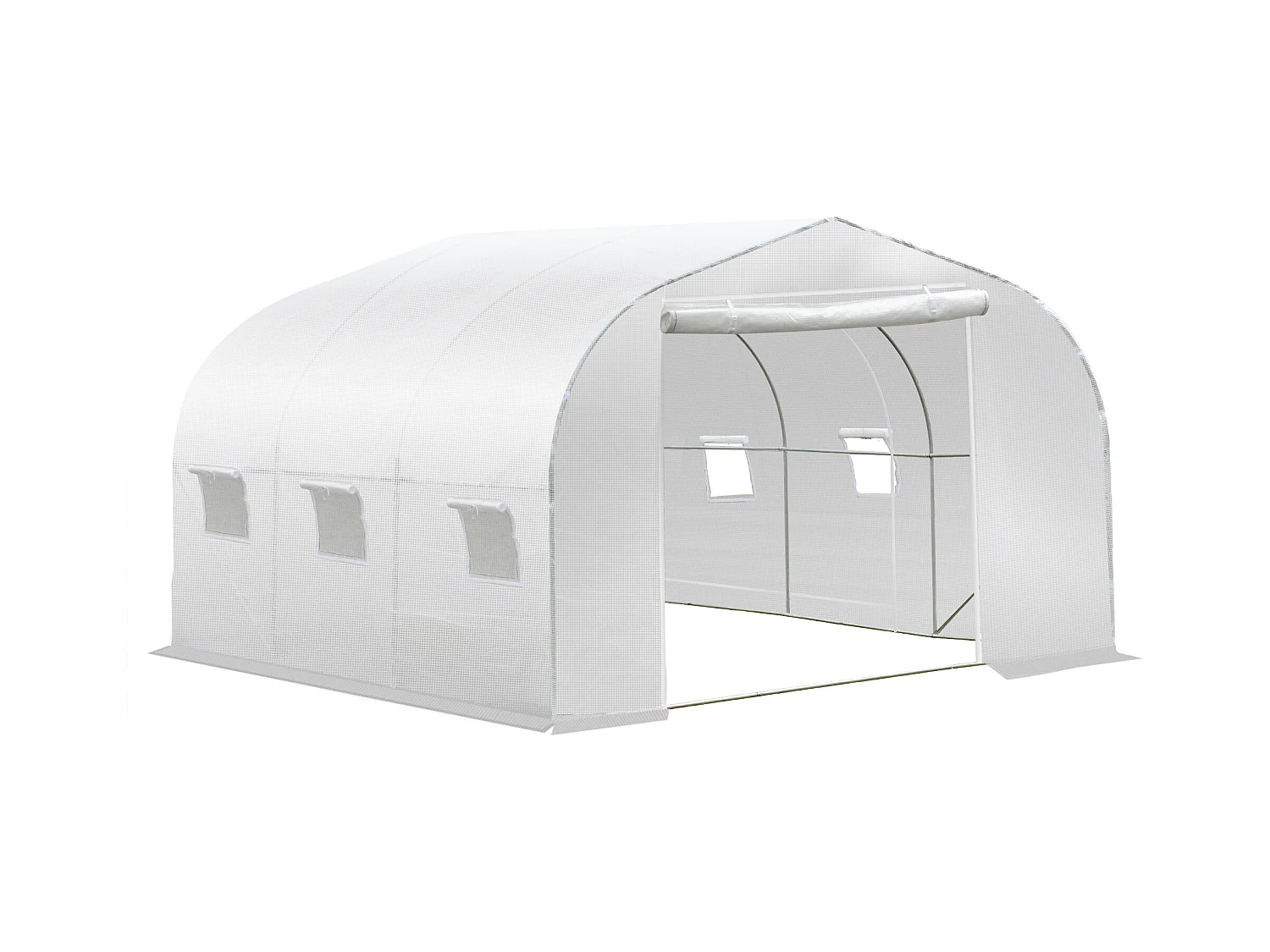 Serre tunnel de jardin dim. 3,5L x 3l x 2H m porte + 6 fenêtres enroulables acier galvanisé bâche PE haute densité blanc