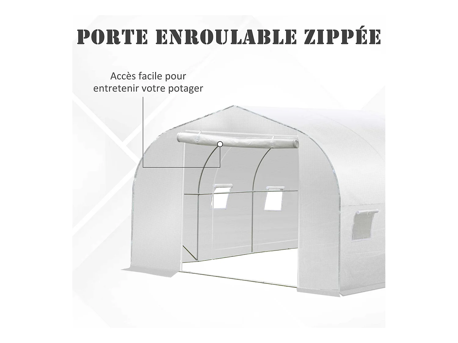 Serre tunnel de jardin dim. 3,5L x 3l x 2H m porte + 6 fenêtres enroulables acier galvanisé bâche PE haute densité blanc