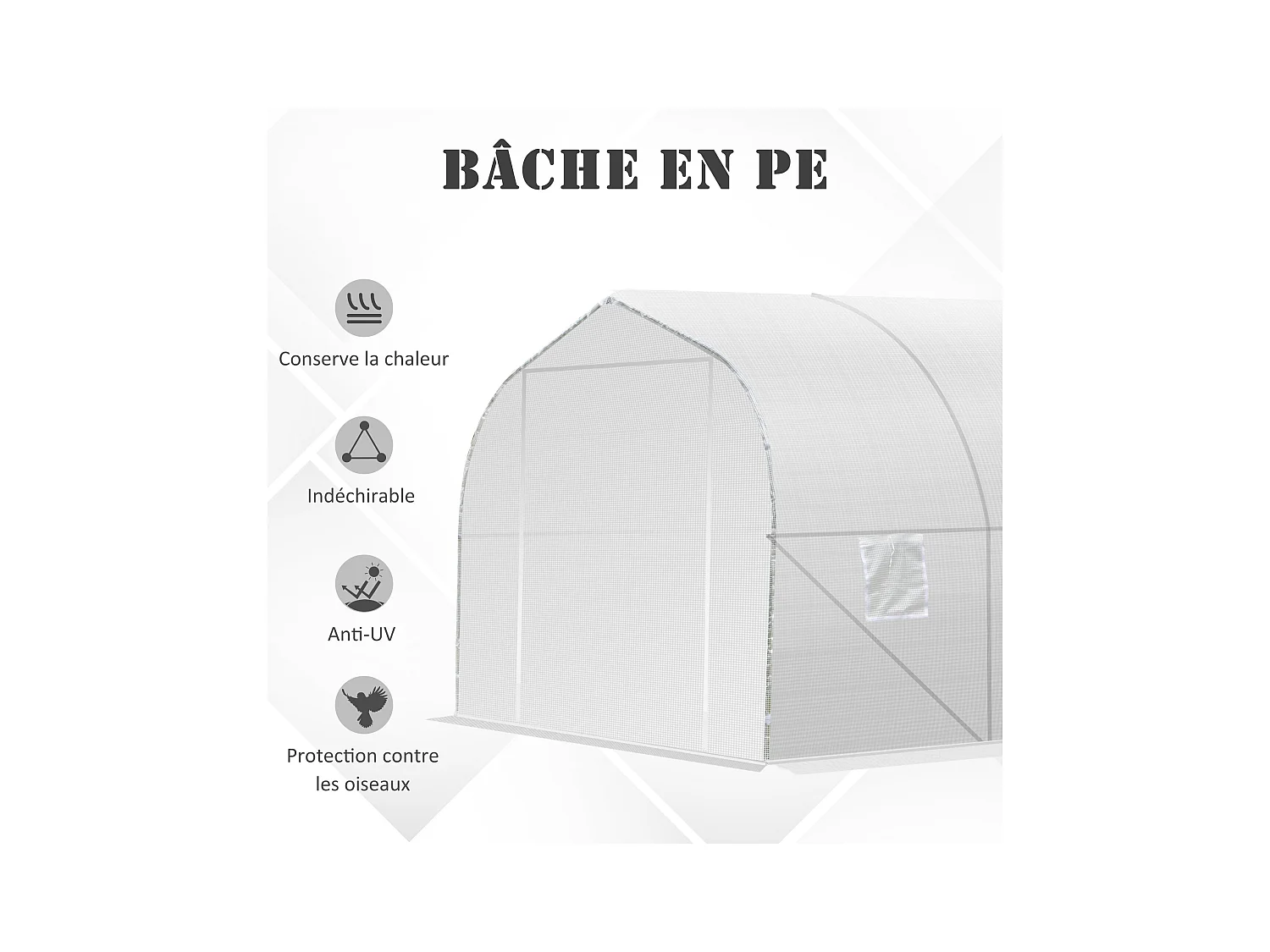 Serre tunnel de jardin dim. 3,5L x 3l x 2H m porte + 6 fenêtres enroulables acier galvanisé bâche PE haute densité blanc