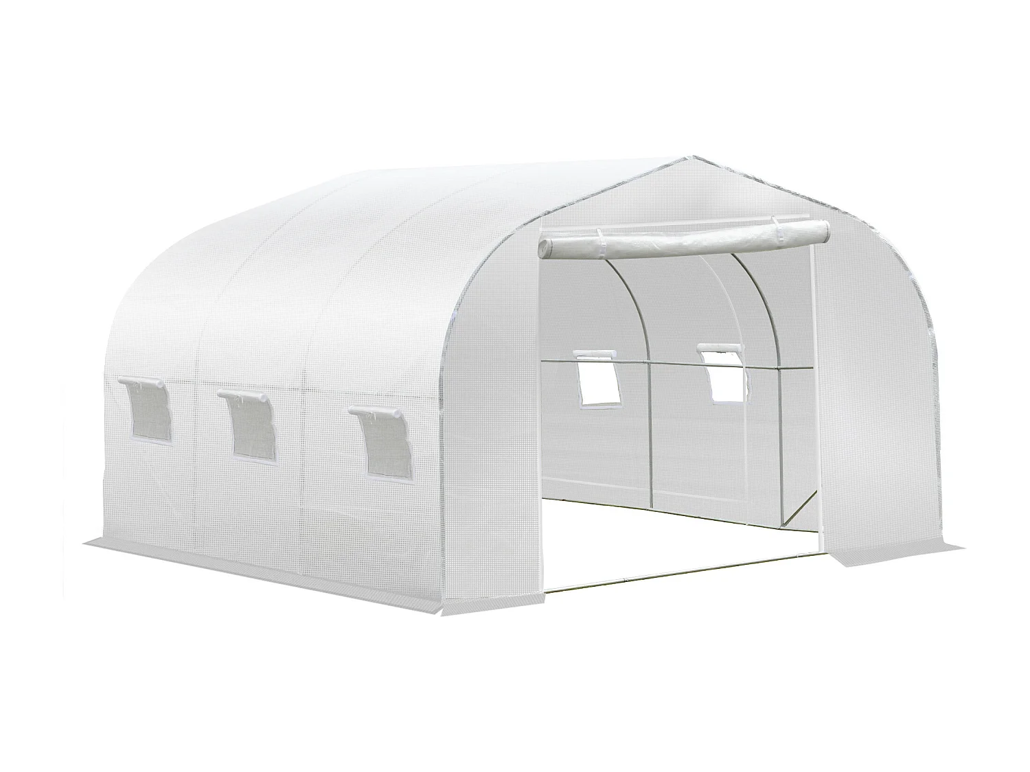 Serre tunnel de jardin dim. 3,5L x 3l x 2H m porte + 6 fenêtres enroulables acier galvanisé bâche PE haute densité blanc