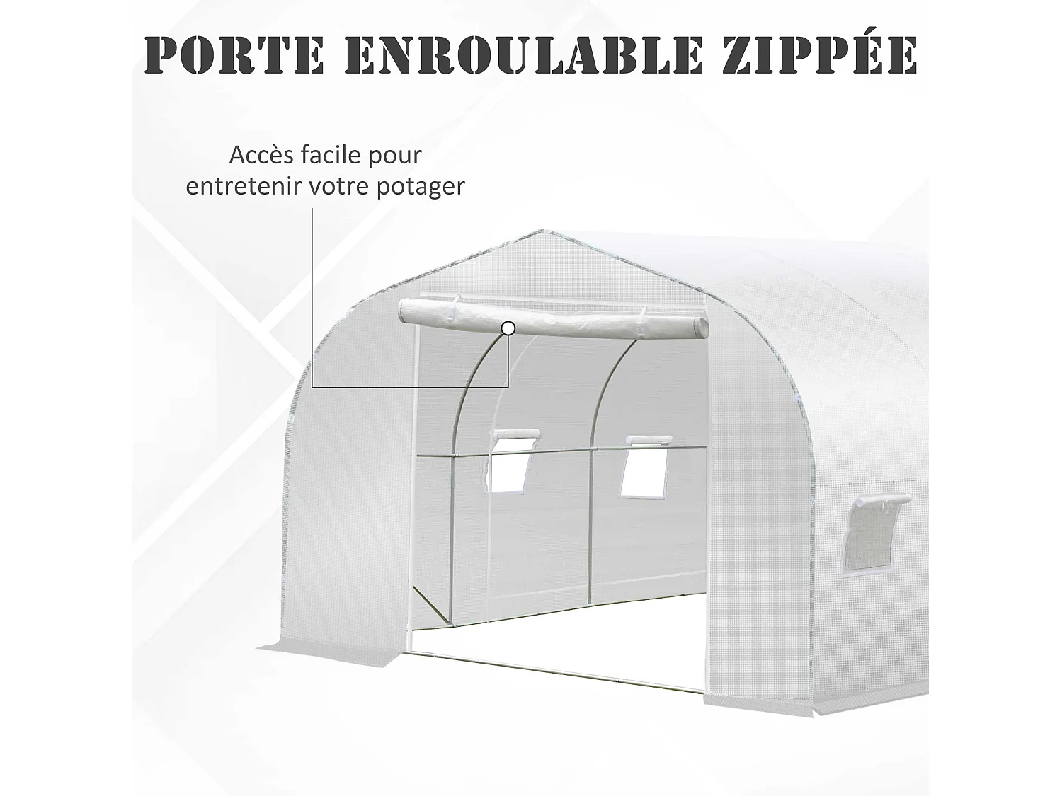 Serre tunnel de jardin dim. 3,5L x 3l x 2H m porte + 6 fenêtres enroulables acier galvanisé bâche PE haute densité blanc
