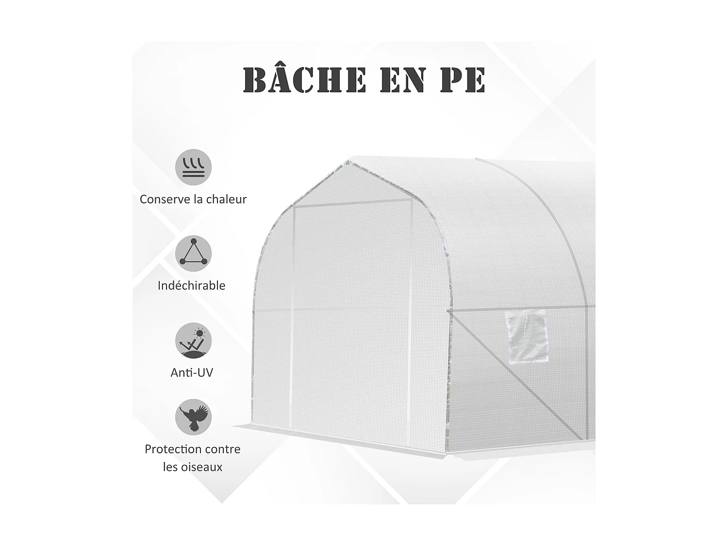 Serre tunnel de jardin dim. 3,5L x 3l x 2H m porte + 6 fenêtres enroulables acier galvanisé bâche PE haute densité blanc