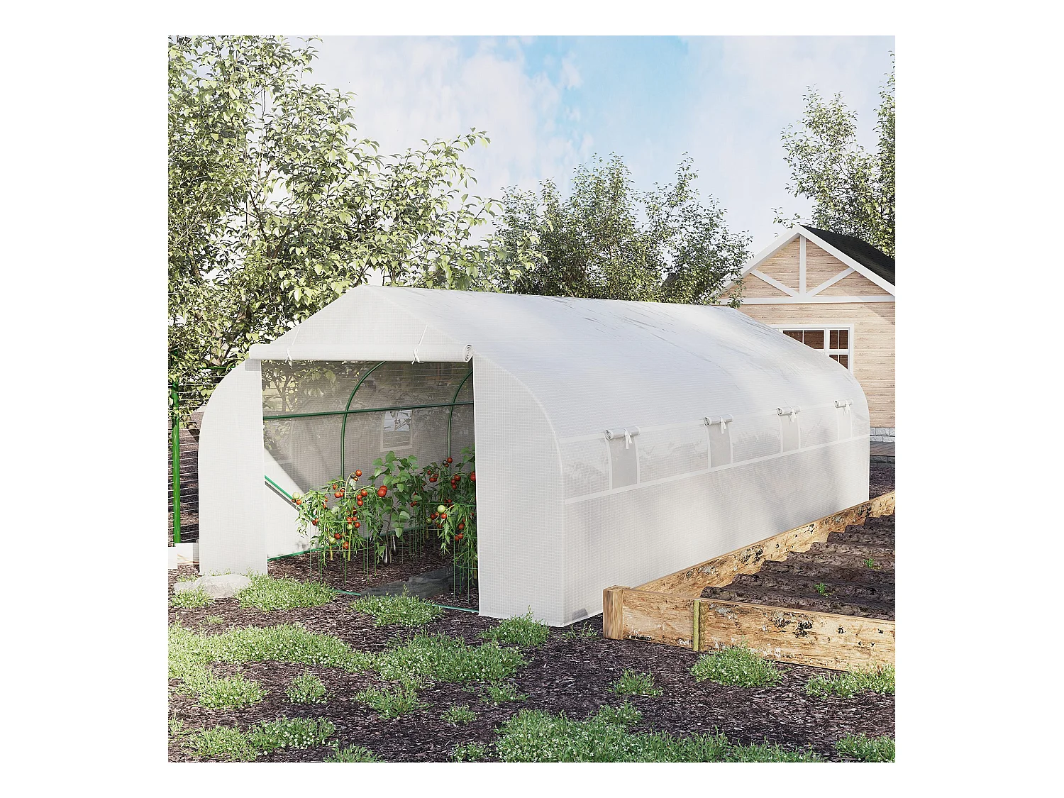 Serre tunnel de jardin dim. 5,93L x 3l x 2H m porte + 8 fenêtres enroulables acier galvanisé bâche PE haute densité blanc