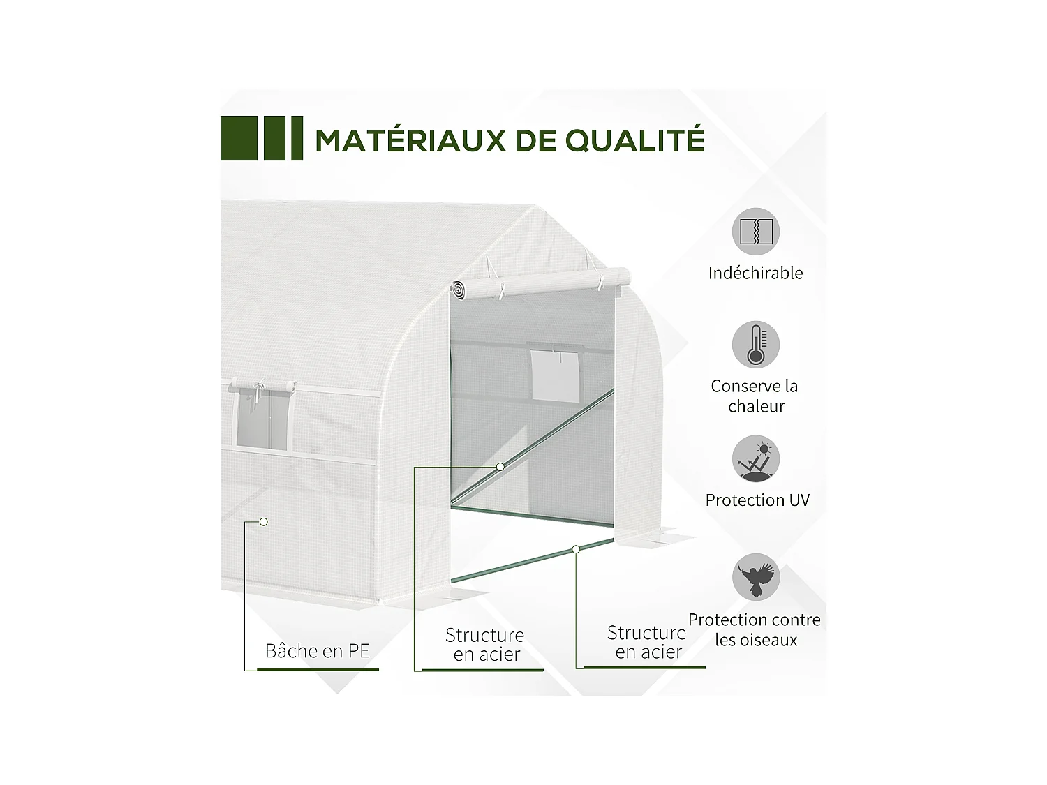Serre tunnel de jardin dim. 5,93L x 3l x 2H m porte + 8 fenêtres enroulables acier galvanisé bâche PE haute densité blanc