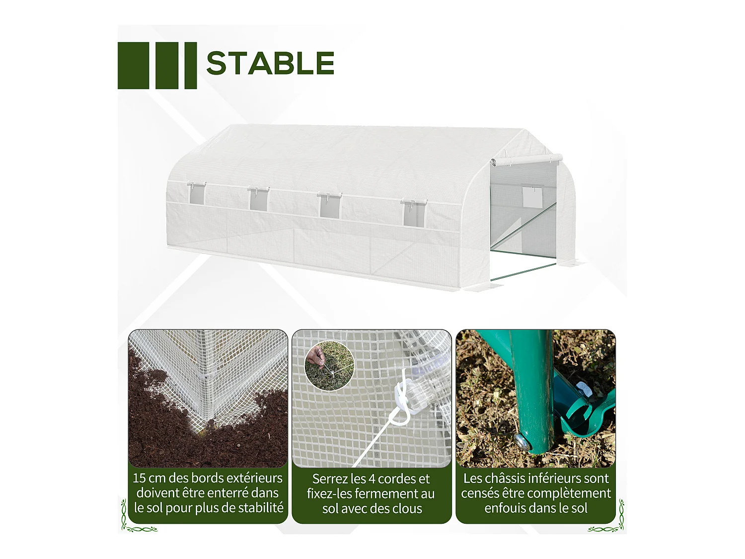 Serre tunnel de jardin dim. 5,93L x 3l x 2H m porte + 8 fenêtres enroulables acier galvanisé bâche PE haute densité blanc