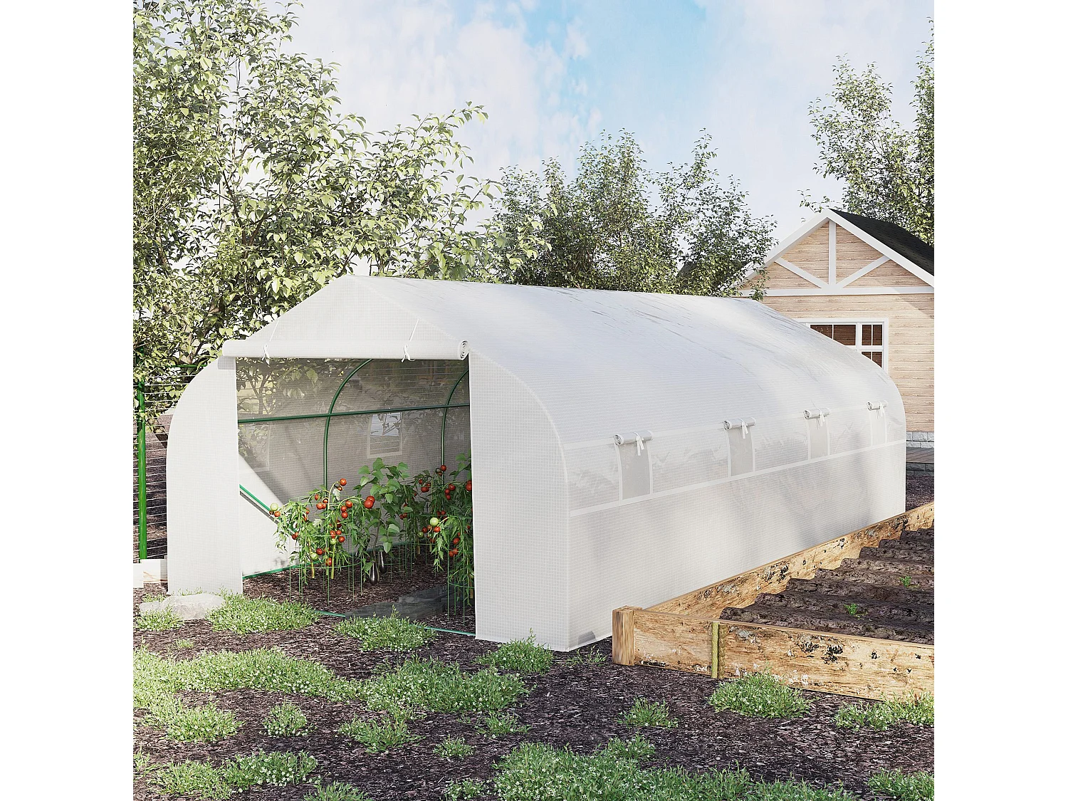 Serre tunnel de jardin dim. 5,93L x 3l x 2H m porte + 8 fenêtres enroulables acier galvanisé bâche PE haute densité blanc