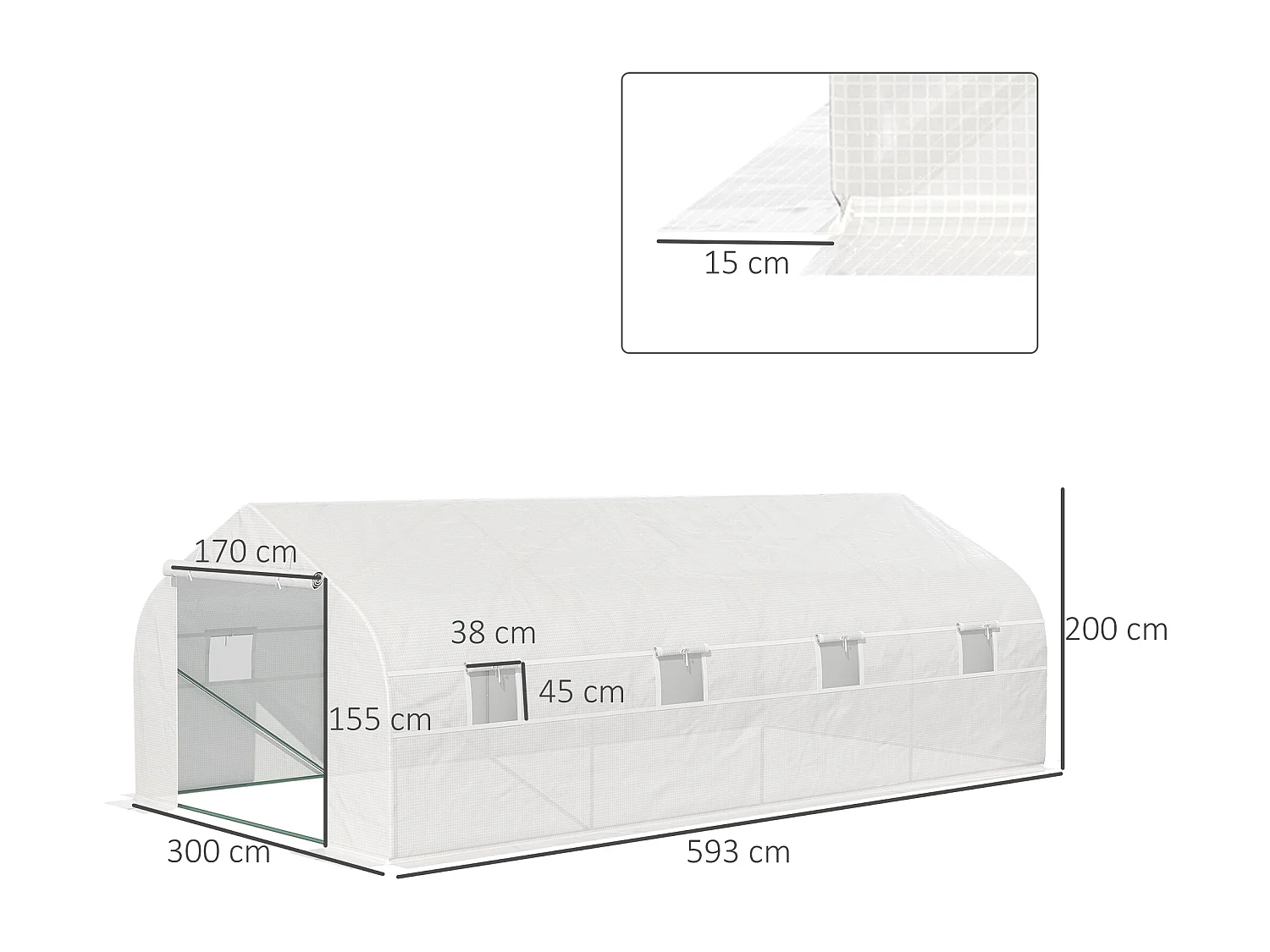 Serre tunnel de jardin dim. 5,93L x 3l x 2H m porte + 8 fenêtres enroulables acier galvanisé bâche PE haute densité blanc
