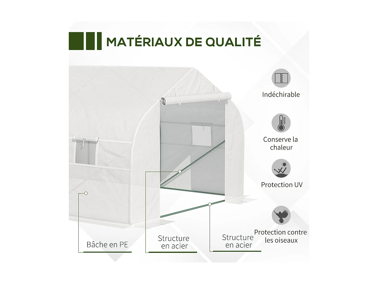 Serre tunnel de jardin dim. 5,93L x 3l x 2H m porte + 8 fenêtres enroulables acier galvanisé bâche PE haute densité blanc