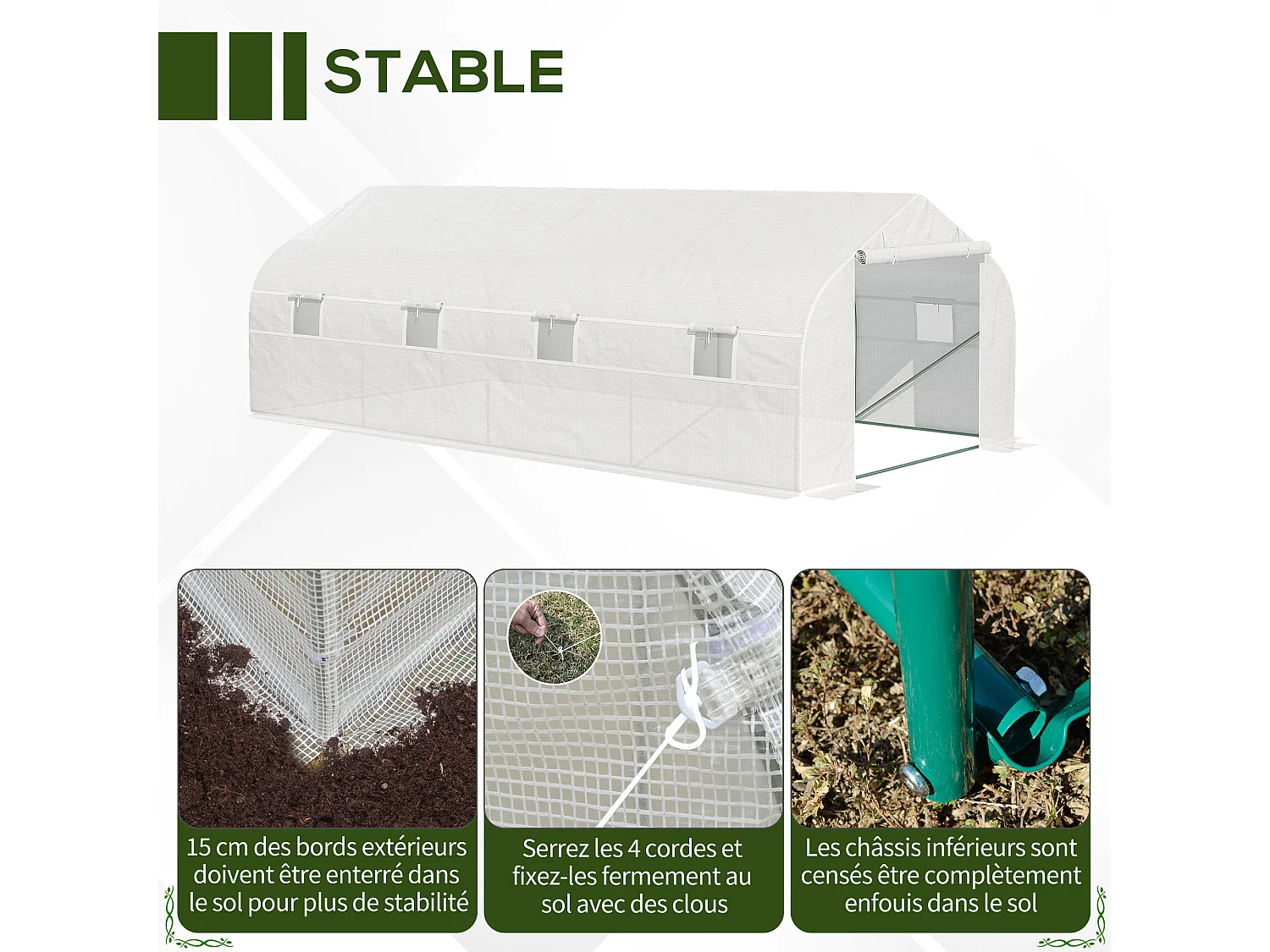 Serre tunnel de jardin dim. 5,93L x 3l x 2H m porte + 8 fenêtres enroulables acier galvanisé bâche PE haute densité blanc