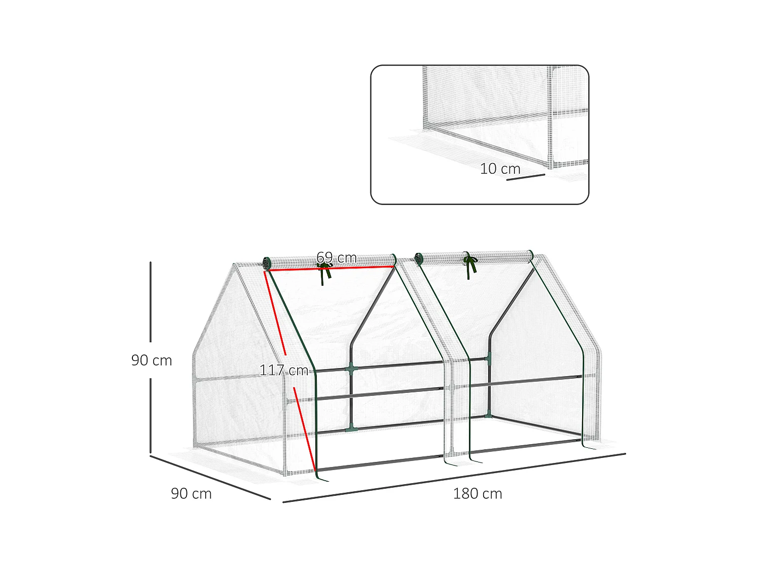 Mini serre de jardin serre à tomates 180L x 90l x 90H cm acier PE haute densité 140 g/m² anti-UV 2 fenêtres avec zip enroulables blanc
