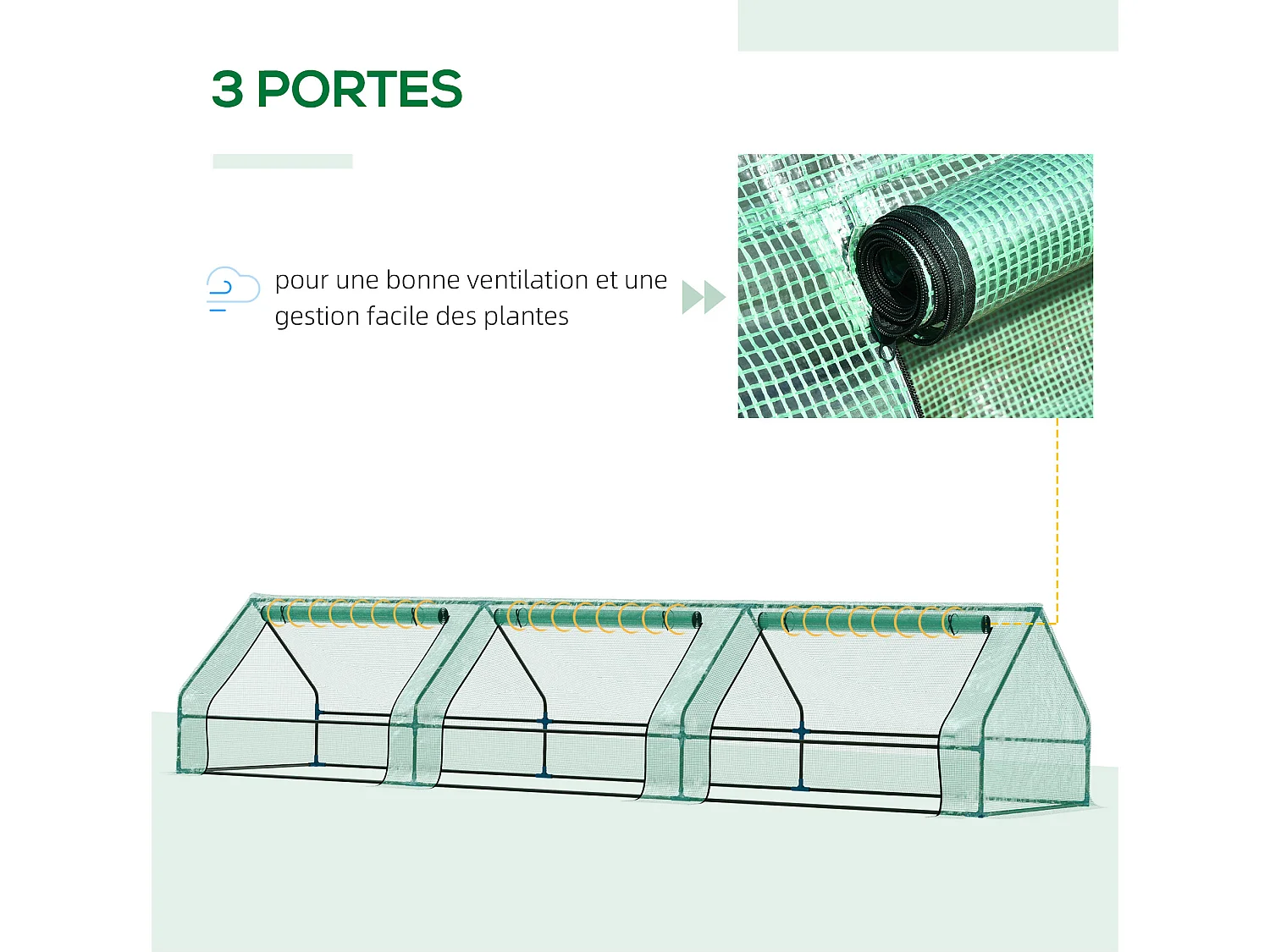 Mini serre de jardin serre à tomates 400L x 100l x 80H cm acier PE haute densité 140 g/m² anti-UV 3 fenêtres avec zip enroulables vert