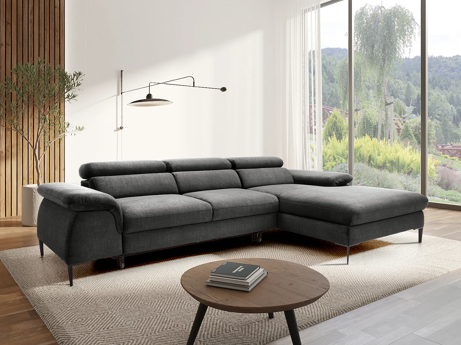 Canapé d'angle droit convertible en velours gris anthracite SEPINA de Pascal Morabito