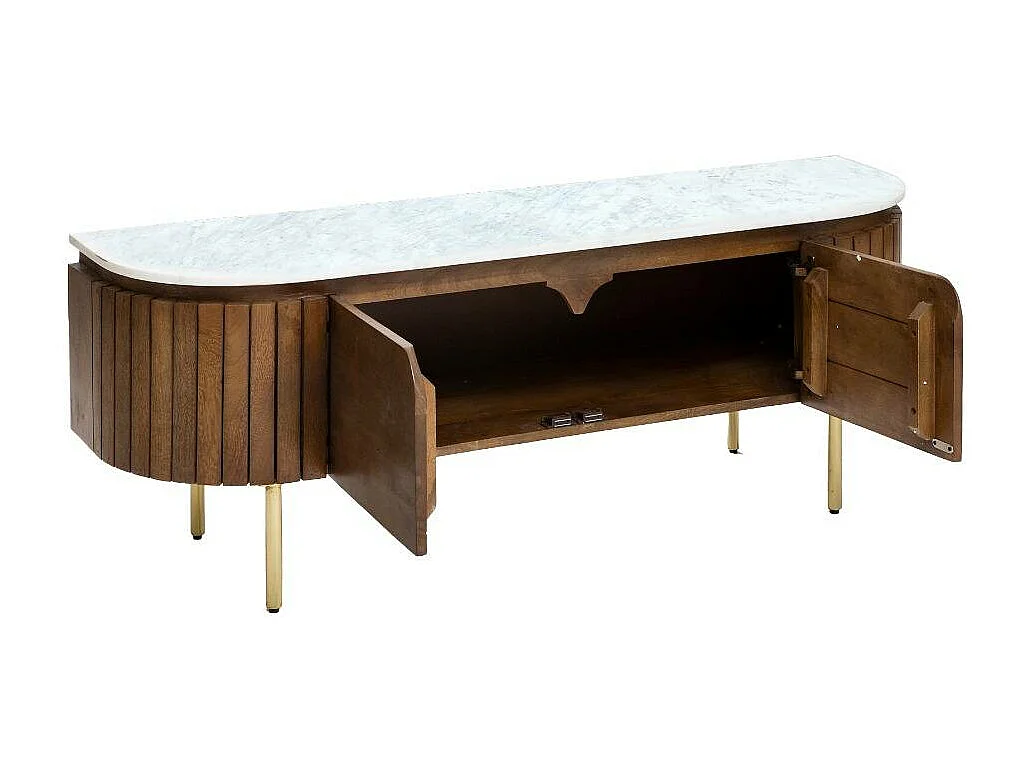 Mueble de TV de madera de mango y mármol Siena con almacenamiento y patas doradas