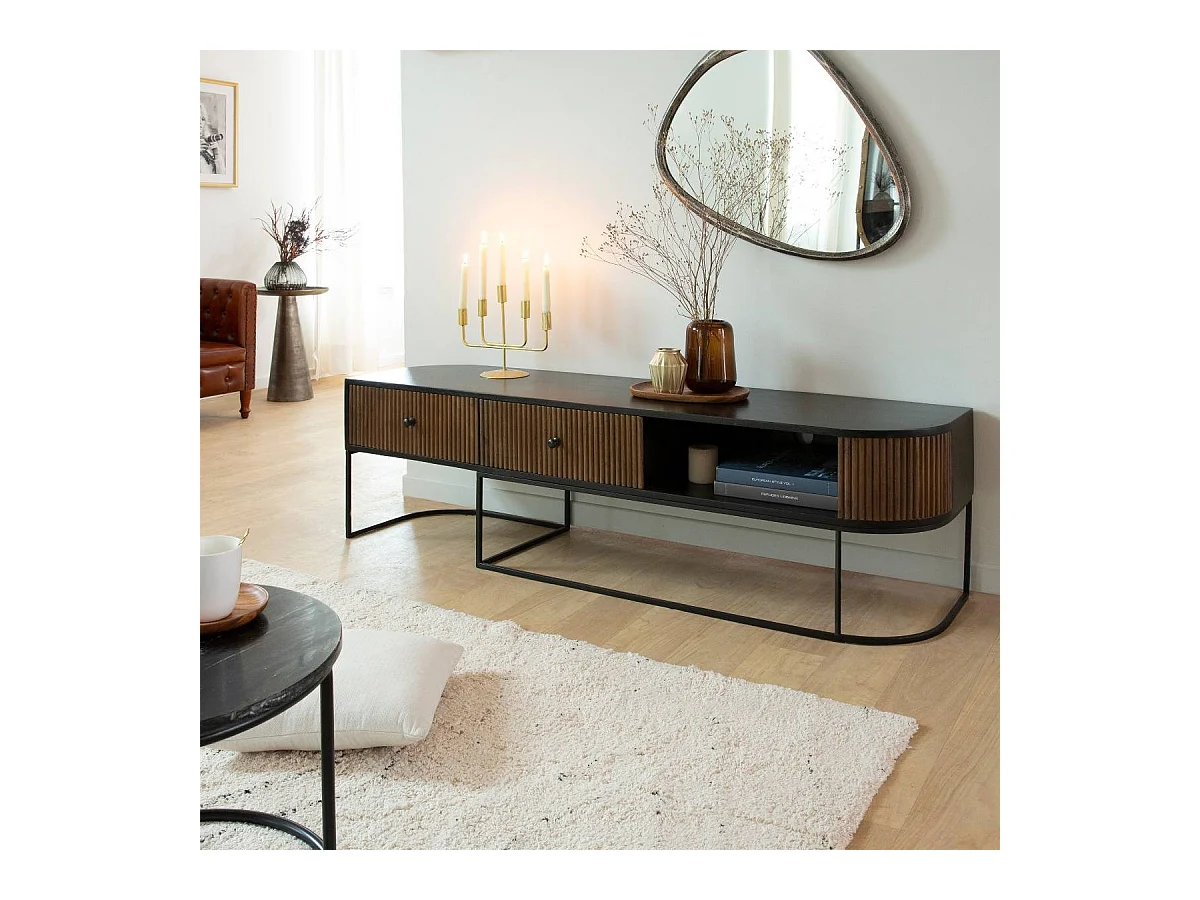 Meuble TV arrondi en bois de manguier et métal Ysé