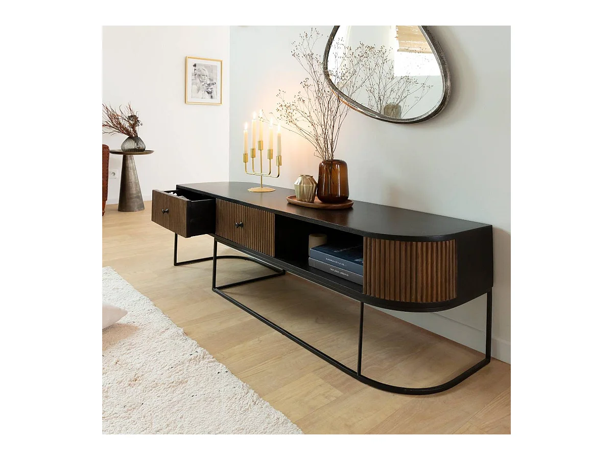 Meuble TV arrondi en bois de manguier et métal Ysé