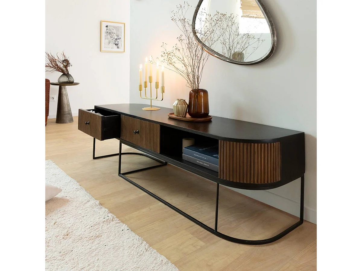 Mueble de TV redondeado de madera de mango con almacenamiento