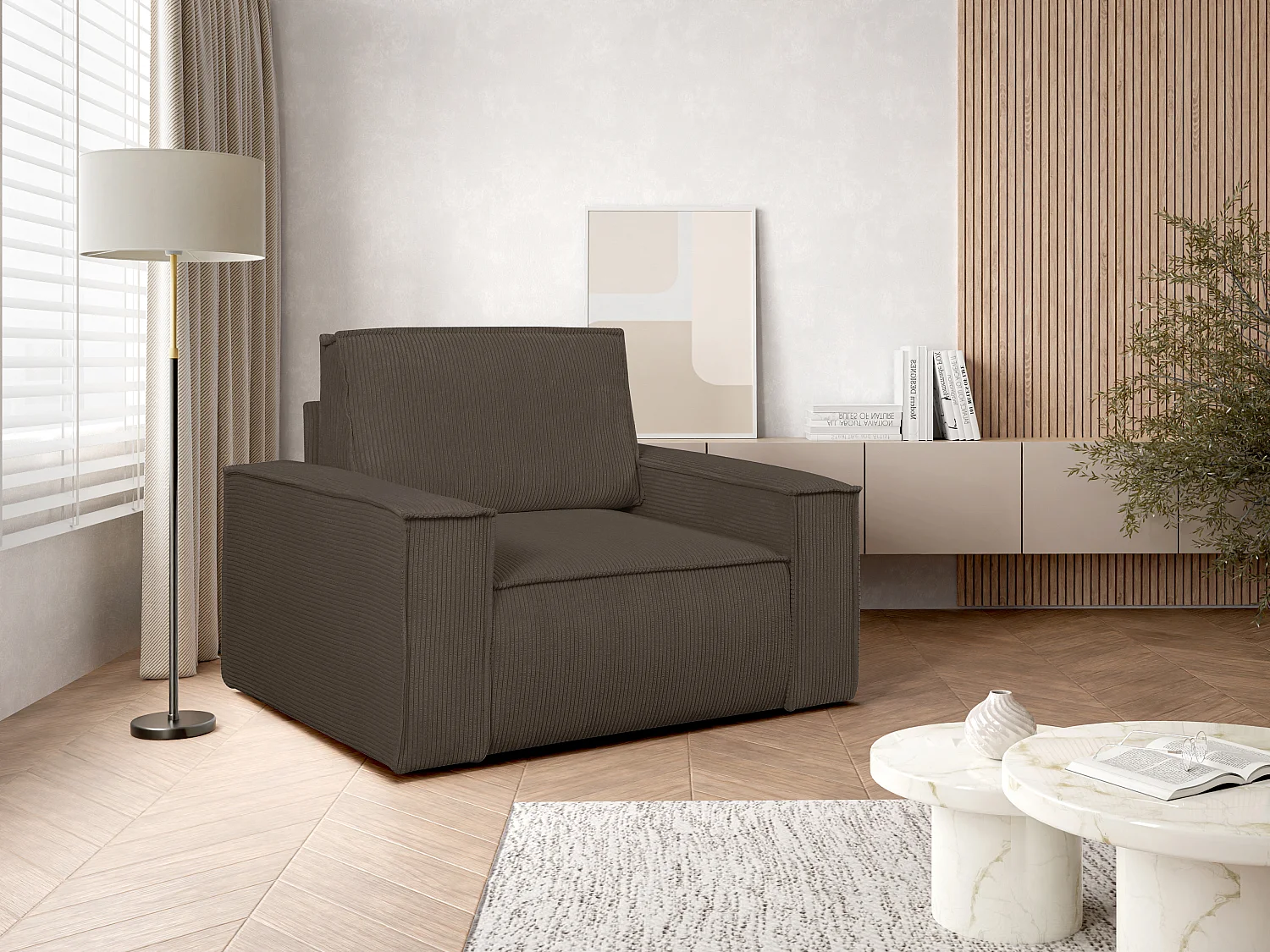 Fauteuil en velours côtelé marron AMELIA