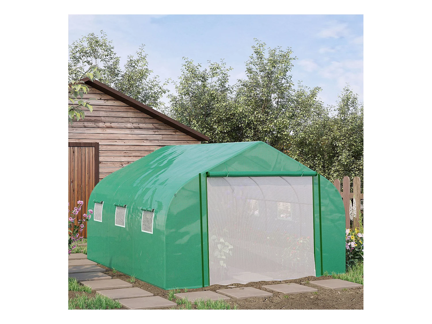 Serre tunnel de jardin grande taille dim. 3,47L x 3l x 2H m - 6 fenêtres et porte zippée enroulable - acier galvanisé PE haute densité vert