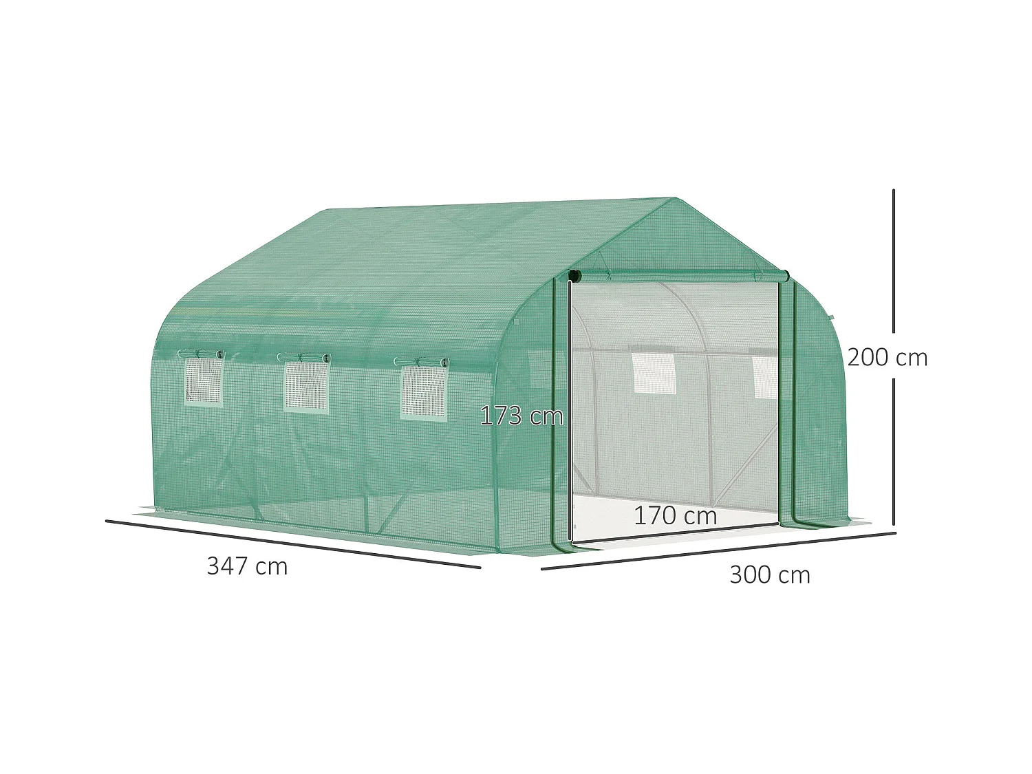 Serre tunnel de jardin grande taille dim. 3,47L x 3l x 2H m - 6 fenêtres et porte zippée enroulable - acier galvanisé PE haute densité vert