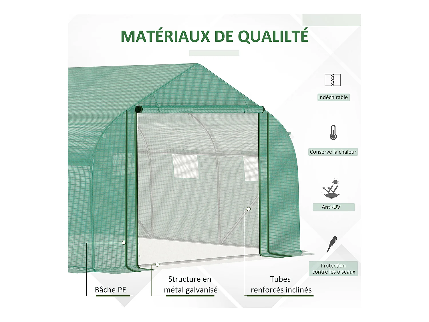 Serre tunnel de jardin grande taille dim. 3,47L x 3l x 2H m - 6 fenêtres et porte zippée enroulable - acier galvanisé PE haute densité vert
