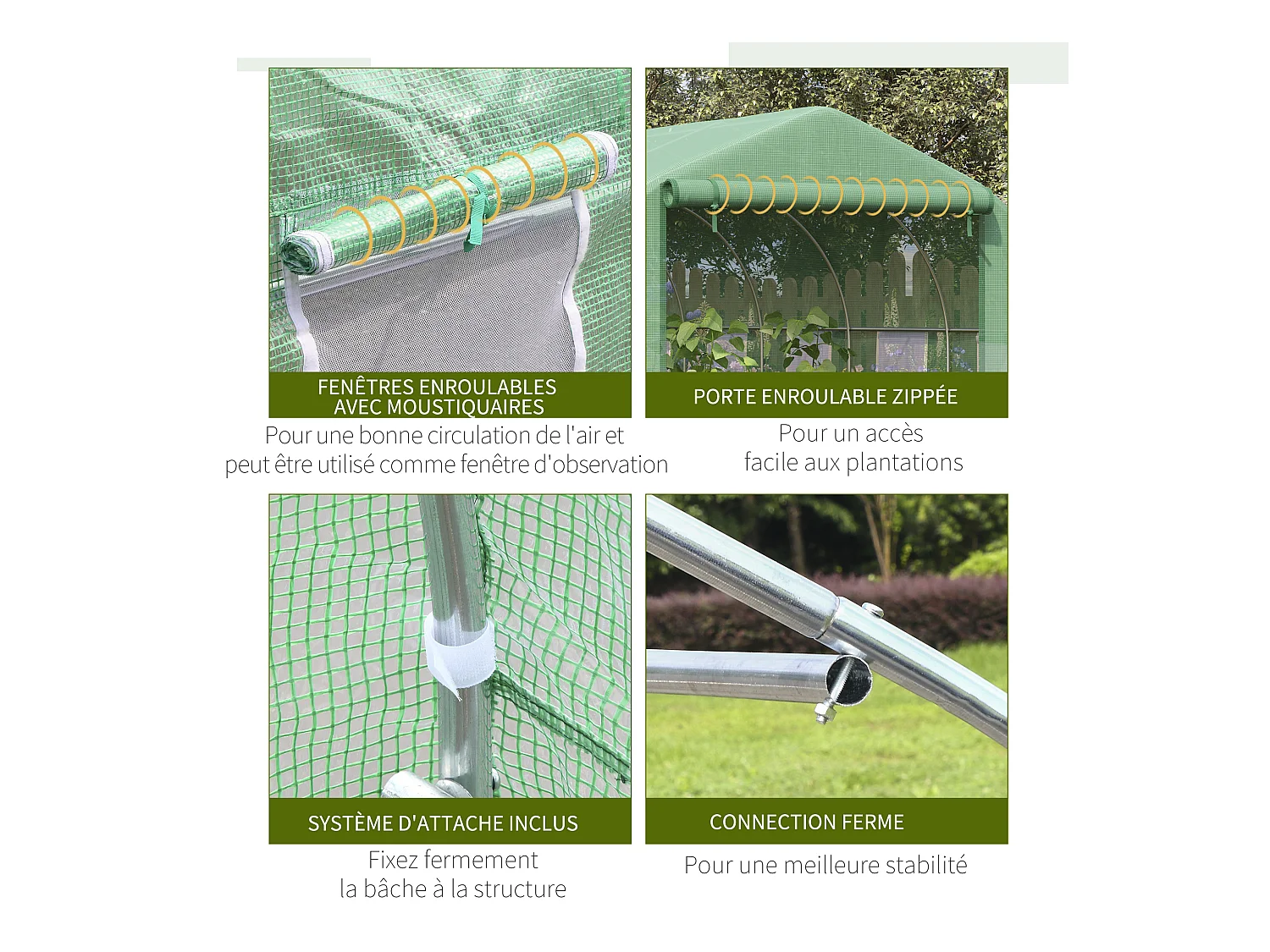 Serre tunnel de jardin grande taille dim. 3,47L x 3l x 2H m - 6 fenêtres et porte zippée enroulable - acier galvanisé PE haute densité vert