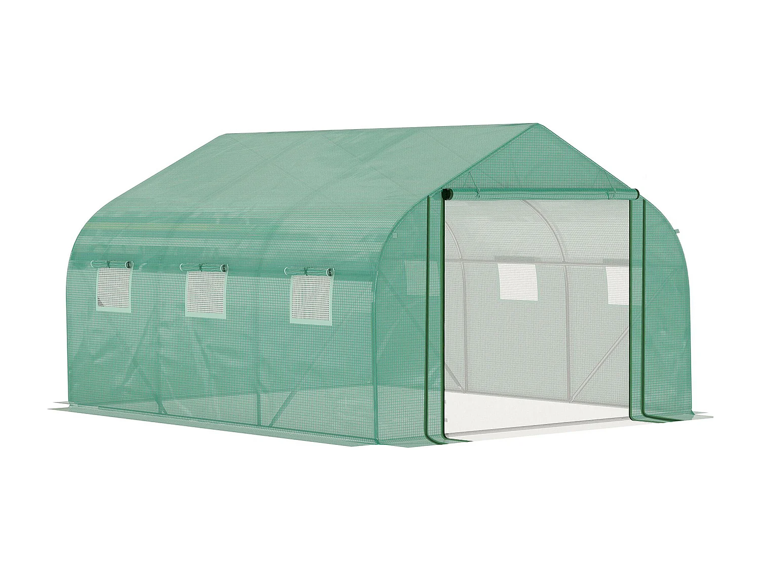 Serre tunnel de jardin grande taille dim. 3,47L x 3l x 2H m - 6 fenêtres et porte zippée enroulable - acier galvanisé PE haute densité vert