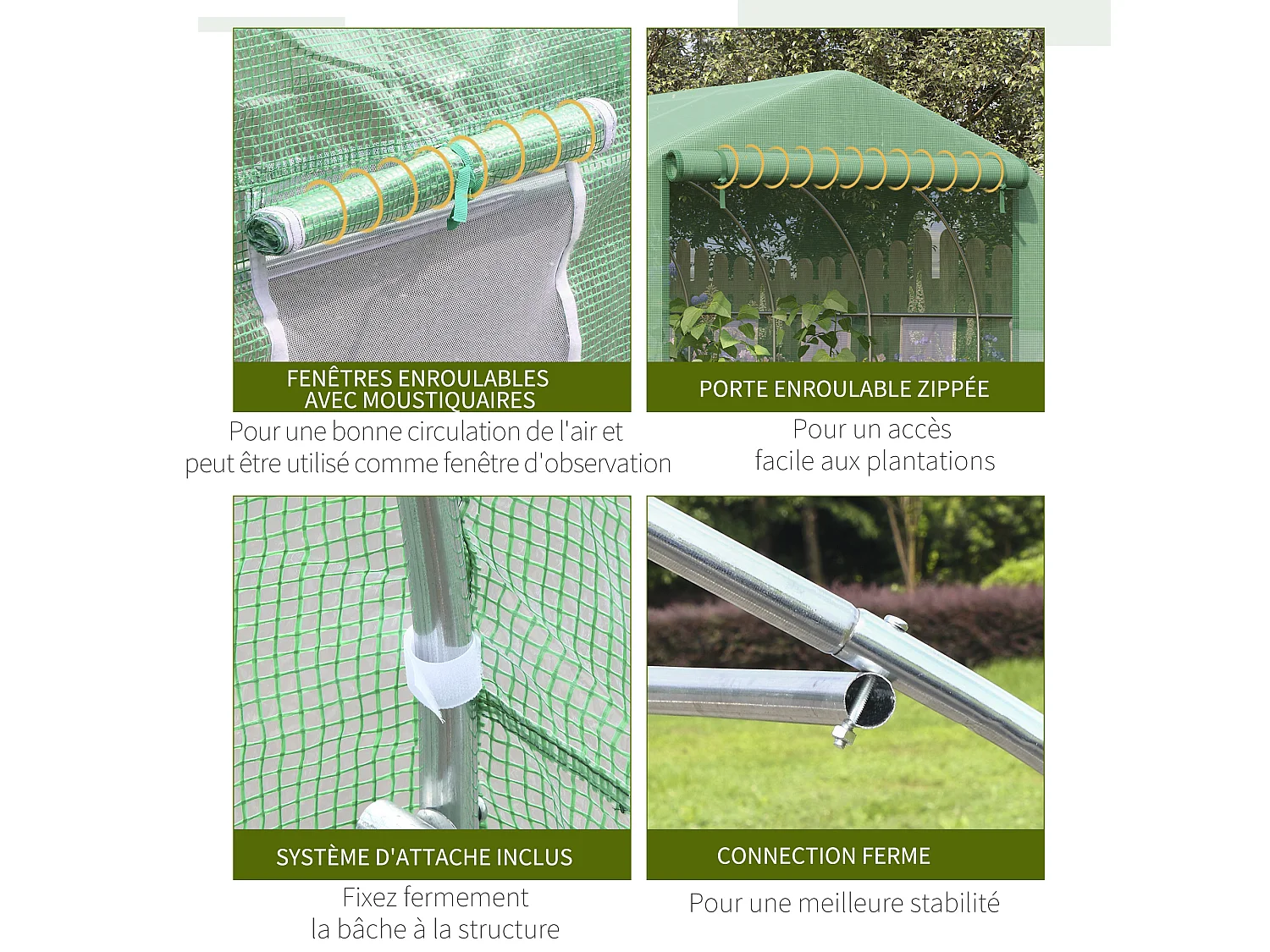 Serre tunnel de jardin grande taille dim. 3,47L x 3l x 2H m - 6 fenêtres et porte zippée enroulable - acier galvanisé PE haute densité vert