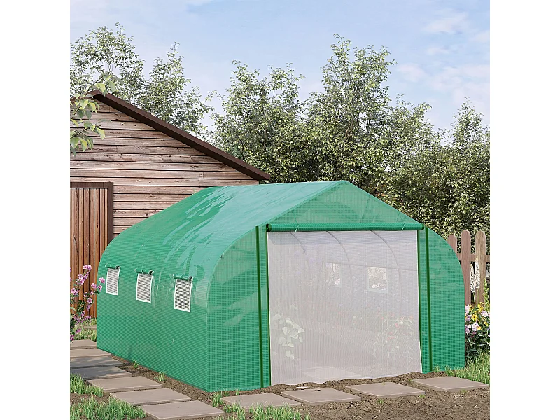 Serre tunnel de jardin grande taille dim. 3,47L x 3l x 2H m - 6 fenêtres et porte zippée enroulable - acier galvanisé PE haute densité vert