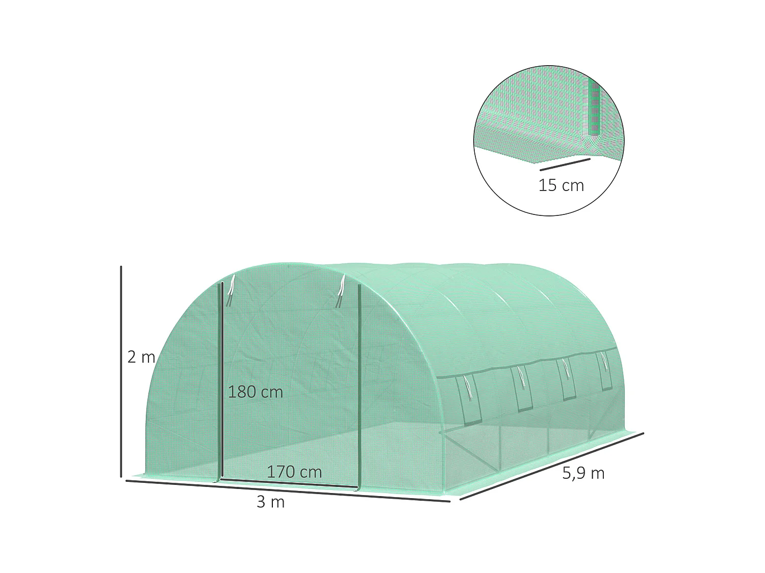 Serre de jardin tunnel 5,9L x 3l x 2H m châssis tubulaire acier galvanisé renforcé 2,5 cm 8 fenêtres 1 porte vert