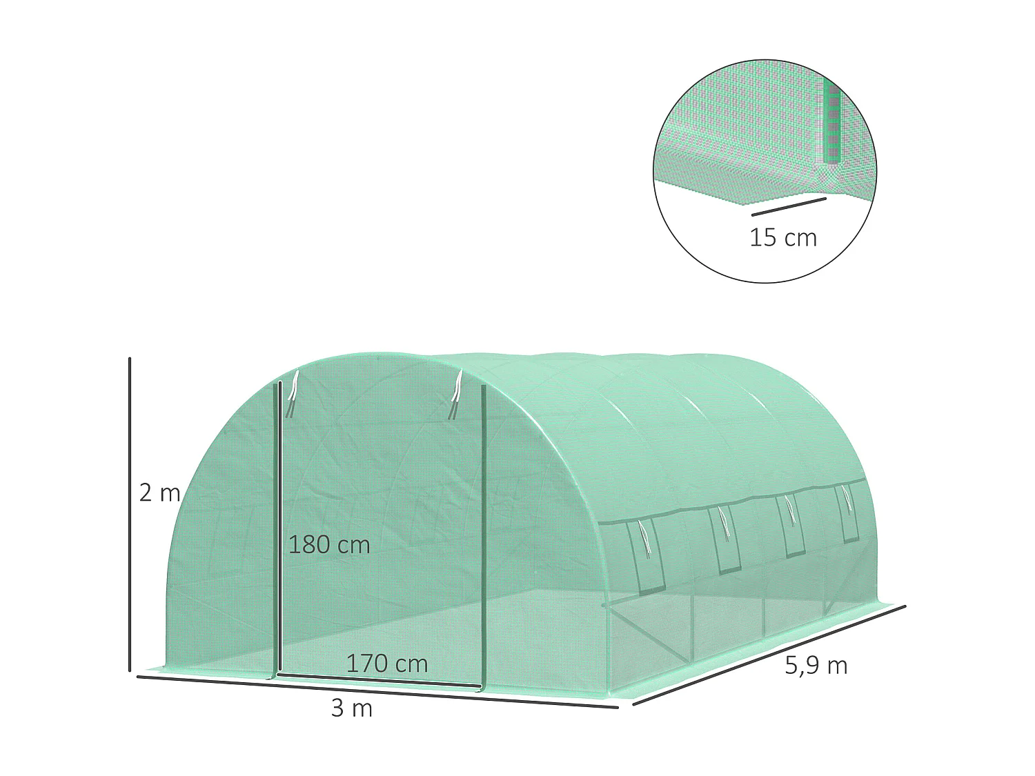 Serre de jardin tunnel 5,9L x 3l x 2H m châssis tubulaire acier galvanisé renforcé 2,5 cm 8 fenêtres 1 porte vert