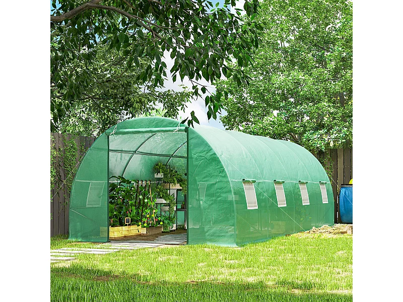 Serre de jardin tunnel 5,9L x 3l x 2H m châssis tubulaire acier galvanisé renforcé 2,5 cm 8 fenêtres 1 porte vert