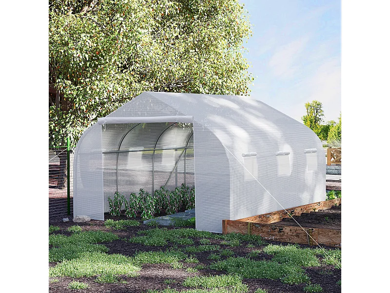 Serre tunnel de jardin dim. 4,45L x 2,99l x 2H m porte + 6 fenêtres enroulables acier galvanisé bâche PE haute densité blanc