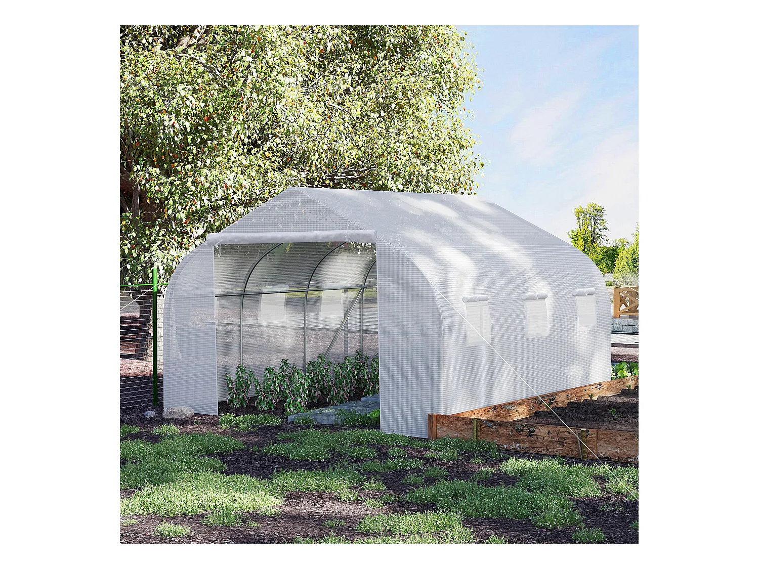 Serre tunnel de jardin dim. 4,45L x 2,99l x 2H m porte + 6 fenêtres enroulables acier galvanisé bâche PE haute densité blanc