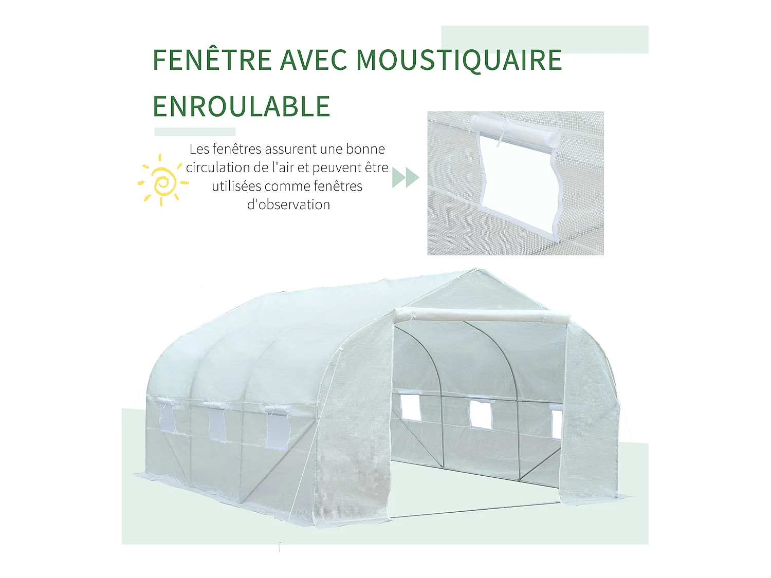 Serre tunnel de jardin dim. 4,45L x 2,99l x 2H m porte + 6 fenêtres enroulables acier galvanisé bâche PE haute densité blanc