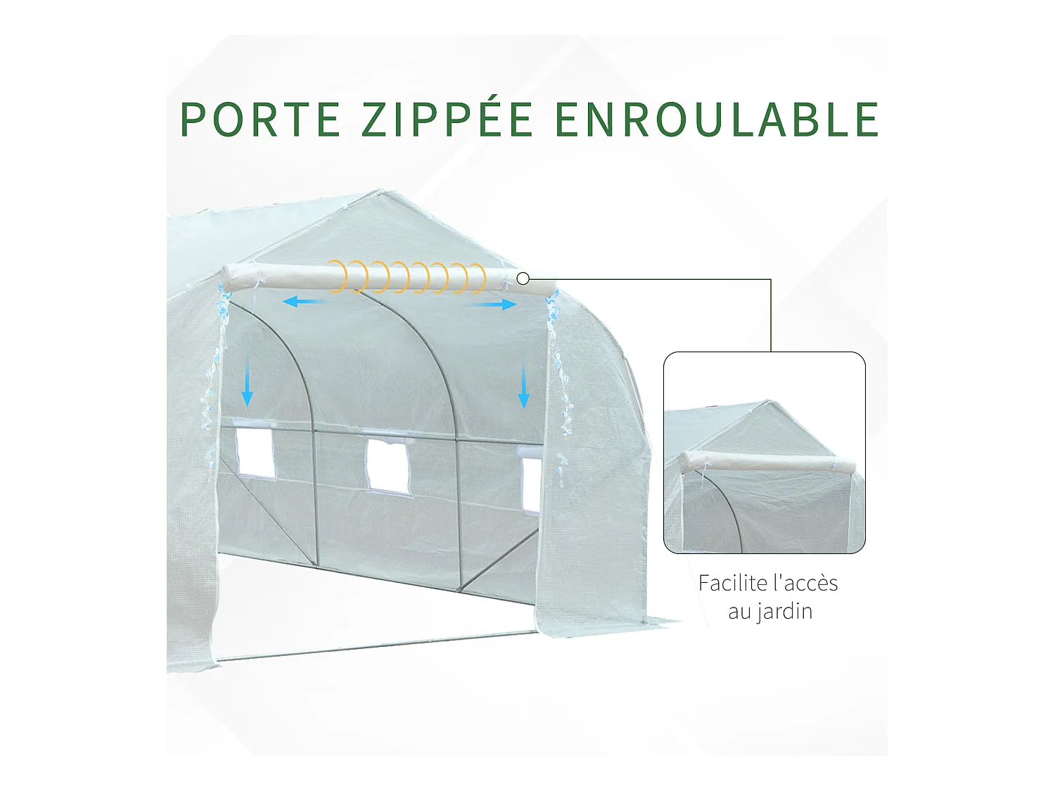 Serre tunnel de jardin dim. 4,45L x 2,99l x 2H m porte + 6 fenêtres enroulables acier galvanisé bâche PE haute densité blanc