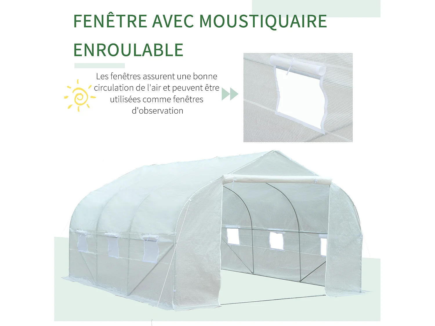 Serre tunnel de jardin dim. 4,45L x 2,99l x 2H m porte + 6 fenêtres enroulables acier galvanisé bâche PE haute densité blanc
