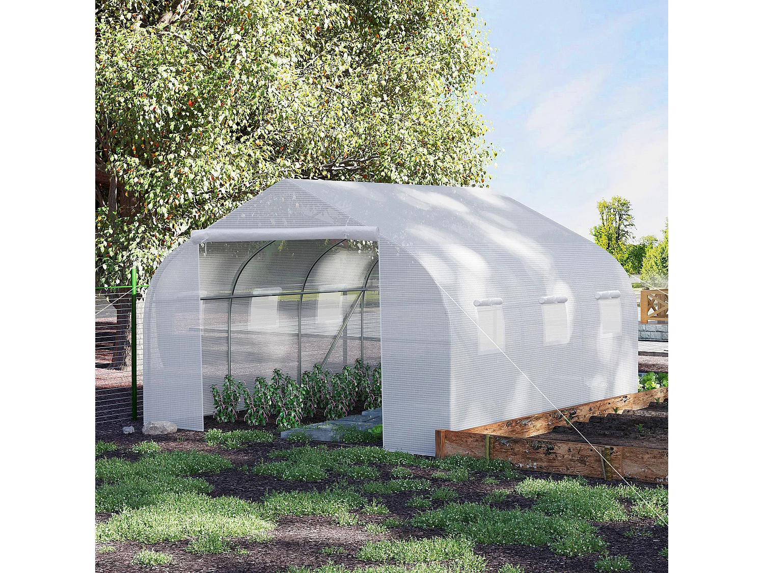 Serre tunnel de jardin dim. 4,45L x 2,99l x 2H m porte + 6 fenêtres enroulables acier galvanisé bâche PE haute densité blanc