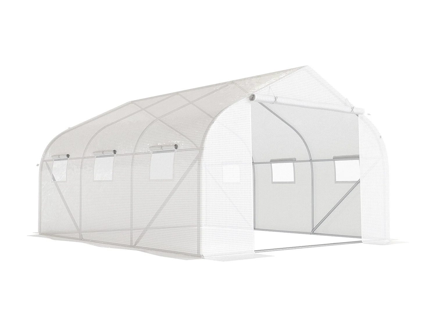 Serre tunnel de jardin dim. 4,45L x 2,99l x 2H m porte + 6 fenêtres enroulables acier galvanisé bâche PE haute densité blanc