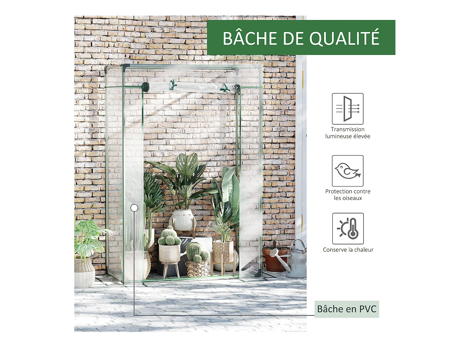 Serre de Jardin serre à tomates 1L x 0,5l x 1,5H m porte zippée déroulante acier thermolaqué PVC haute densité 140 g/m² anti-UV
