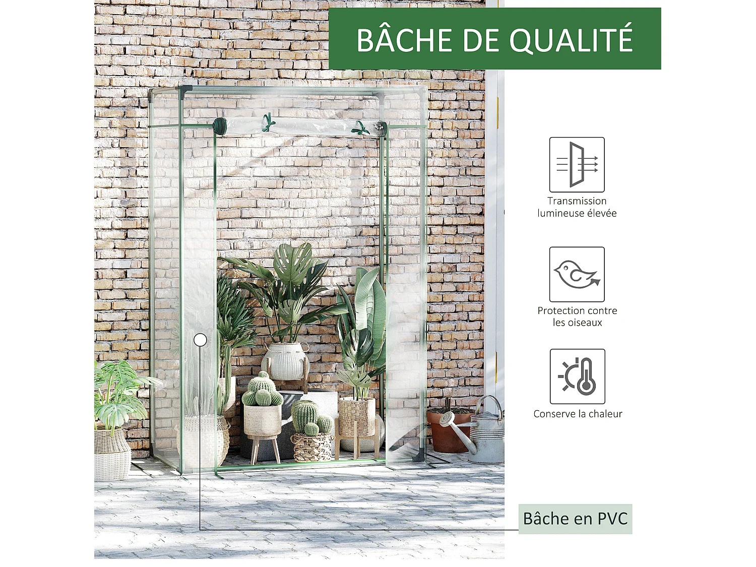 Serre de Jardin serre à tomates 1L x 0,5l x 1,5H m porte zippée déroulante acier thermolaqué PVC haute densité 140 g/m² anti-UV