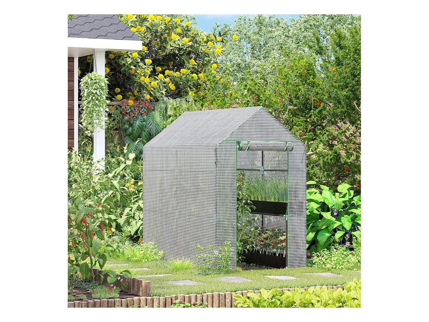 Serre de jardin 2 tablettes dim. 1,86L x 1,2l x 1,9H m porte déroulante acier PE haute densité 140 g/m² transparent blanc