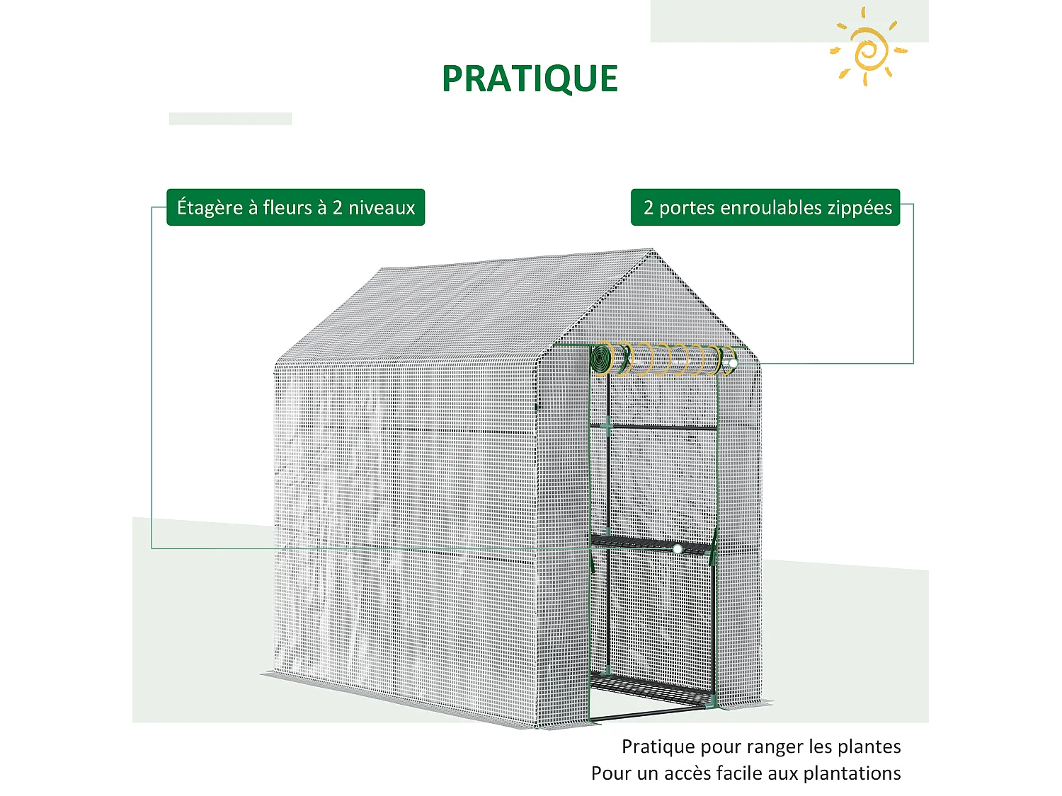 Serre de jardin 2 tablettes dim. 1,86L x 1,2l x 1,9H m porte déroulante acier PE haute densité 140 g/m² transparent blanc