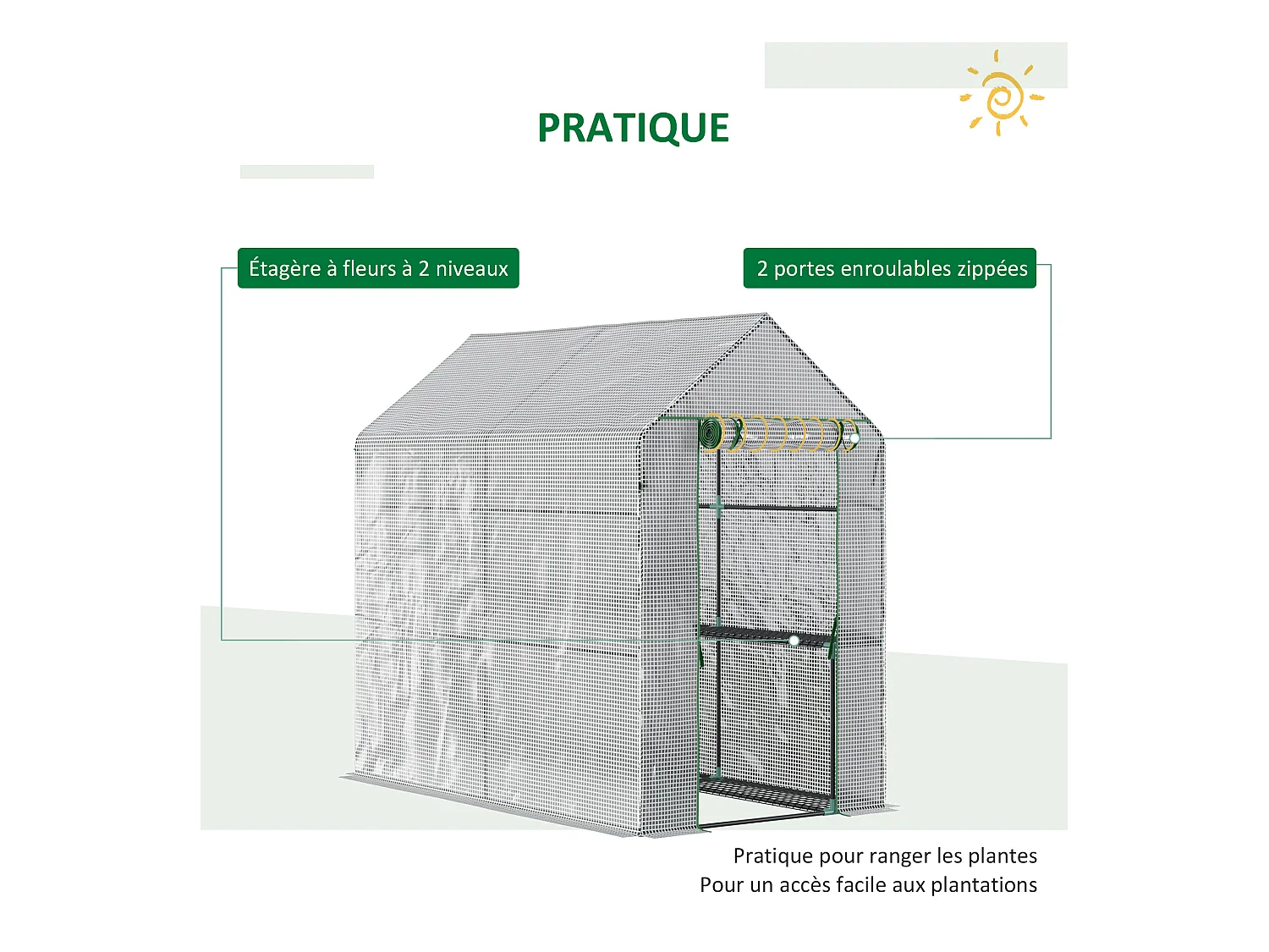 Serre de jardin 2 tablettes dim. 1,86L x 1,2l x 1,9H m porte déroulante acier PE haute densité 140 g/m² transparent blanc